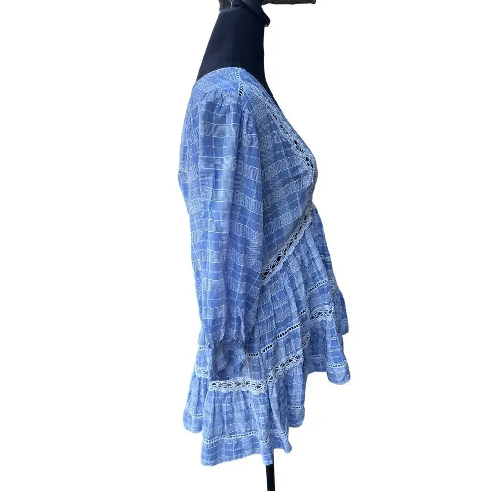 Free People Blue Plaid Lace Trim Tiered Tunic Cottagecore Puff Sleeve Boho